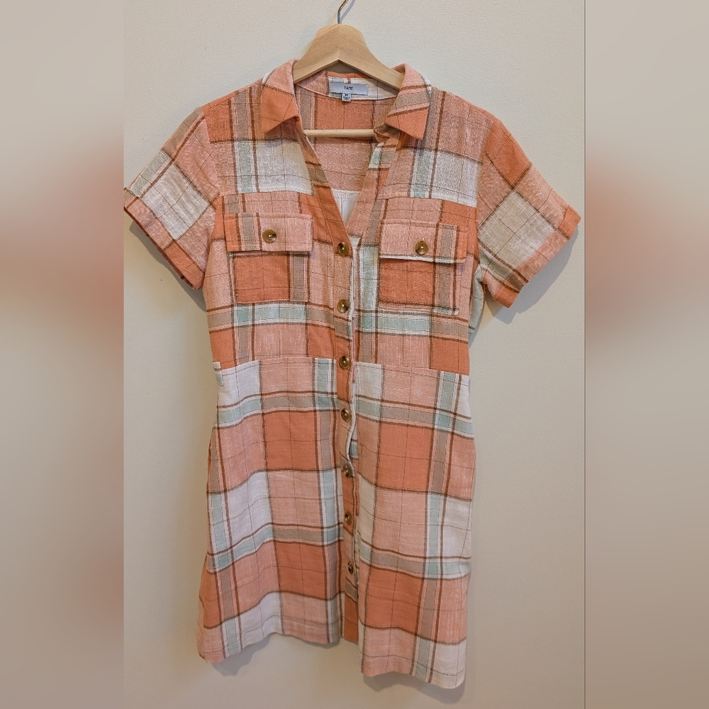 Fate Plaid Shirt Dress Button Front Linen Cotton Size M